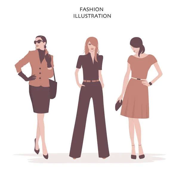 Moda Mulheres Elegantes Definido Ilustração Vetorial — Vetor de Stock