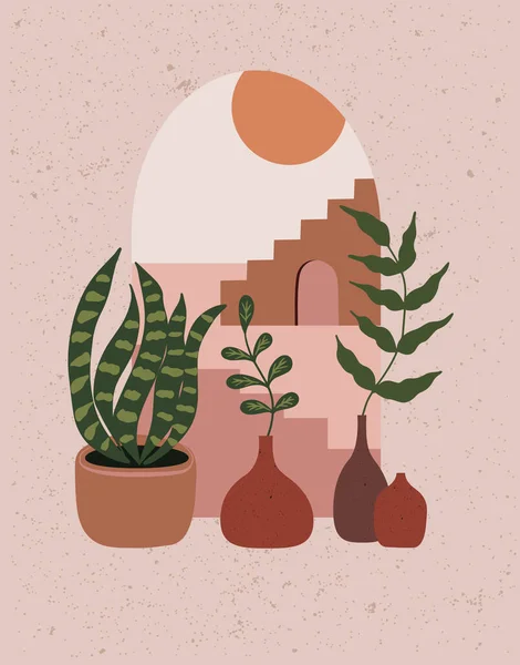 Composition House Plants Flowerpots Plants Vases Landscape Desert House Stair — Stockvektor