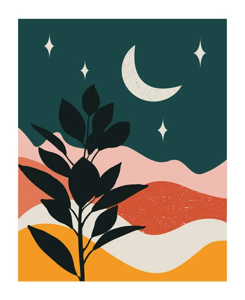 Abstrakte Landschaft Mit Einer Pflanze Und Wüste Bei Nacht Vektorillustration — Stockvektor