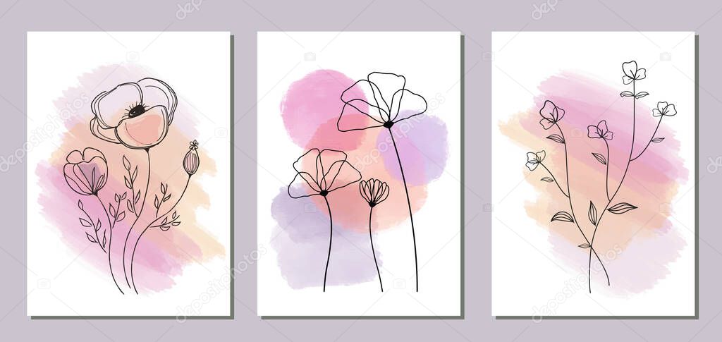 Set of Abstract modern Watercolor backgrounds with flowers. Vector illustration