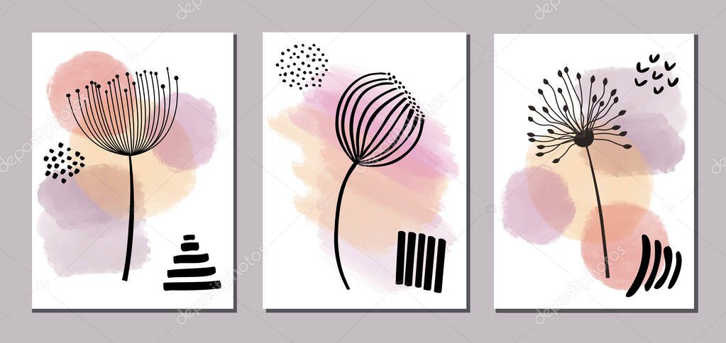Set of Abstract modern Watercolor backgrounds with dandelion flowers. Vector illustration