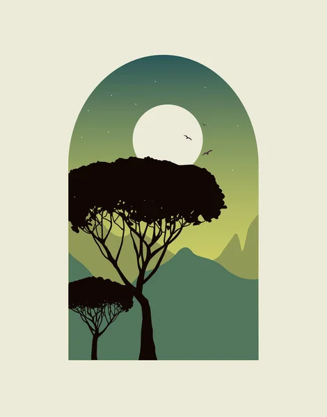 Ilustração Árvores Silhuetas Montanhas —  Vetores de Stock