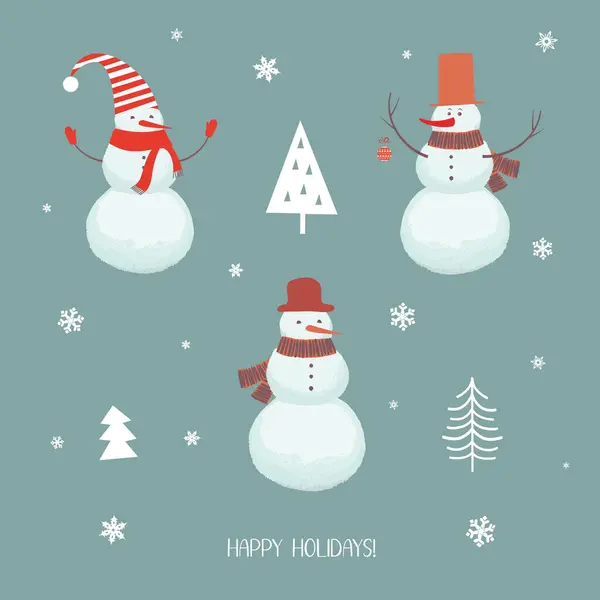 Set Snowmen Winter Background Fir Trees Snowflakes Vector Illustration — Stock Vector