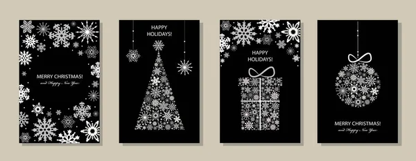 メリークリスマスとハッピーニューイヤー グリーティングカード ポスター 休日のカバーのセット ブラックバックに雪が降るXmasデザイン クリスマスツリー ボーダーフレーム クリスマスの挨拶カードの装飾 — ストックベクタ