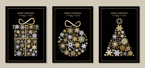 金色のスノーフレークマリークリスマスの装飾から贈り物 ボール 火の木が付いているクリスマスの装飾のセット ベクトルイラスト — ストックベクタ