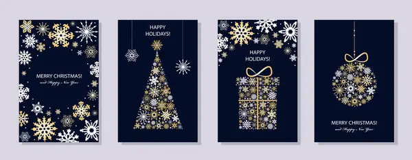 圣诞快乐新年快乐一套贺卡 节日封套 黑色背景雪片的圣诞设计 圣诞树 圣诞贺卡的装饰 — 图库矢量图片#
