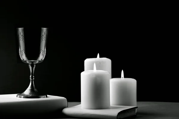 Fantastic Metal Chalice Candles Book Text Space Photograph Black White — Stock Photo, Image
