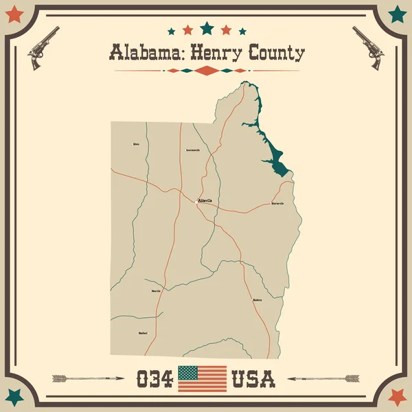 大而准确的美国阿拉巴马州亨利县古色古香的地图 — 图库矢量图片