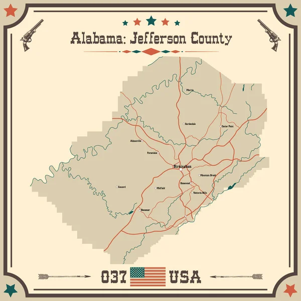 Велика Точна Карта Округу Джефферсон Алабама Сша Вінтажними Кольорами — стоковий вектор