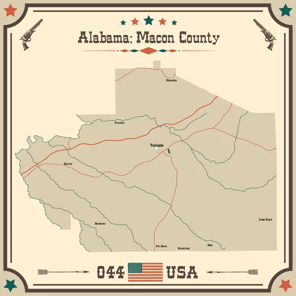 Large Accurate Map Macon County Alabama Usa Vintage Colors — Stock Vector