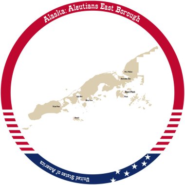 Map of Aleutians East Borough in Alaska, USA arranged in a circle.