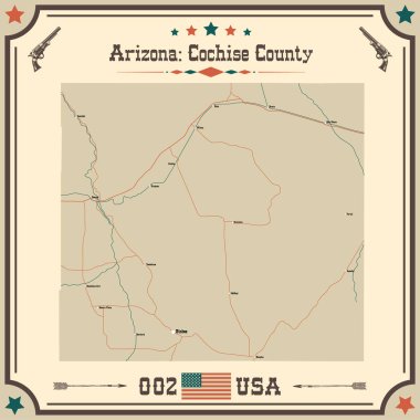 Large and accurate map of Cochise County, Arizona, USA with vintage colors.
