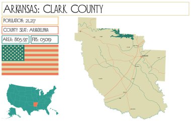 Arkansas, ABD'deki Clark ilçesinin büyük ve ayrıntılı haritası.