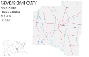 Arkansas, ABD'deki Grant ilçesinin büyük ve ayrıntılı haritası.