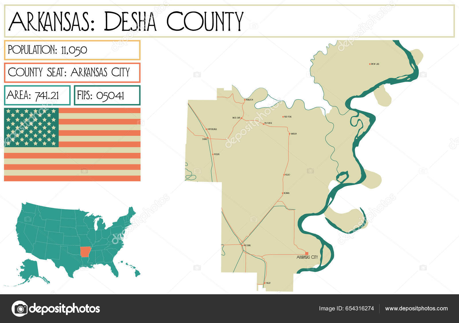 Large Detailed Map Desha County Arkansas Usa Stock Vector by