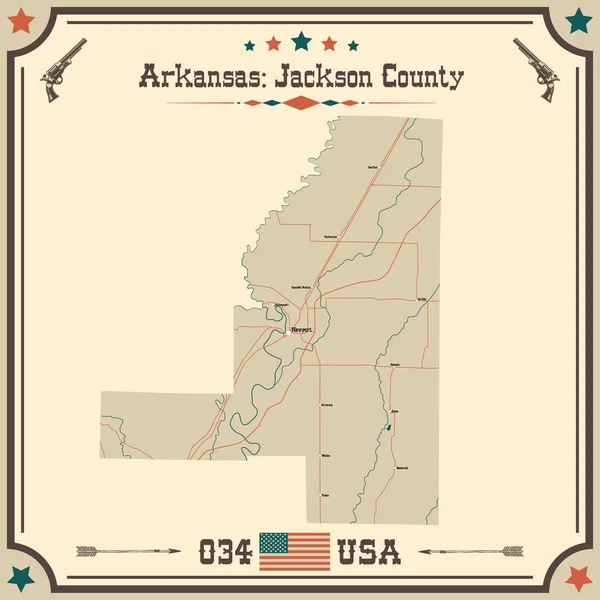 美国阿肯色州杰克逊县的大而精确的古色地图 — 图库矢量图片