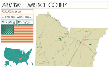 Arkansas, ABD'deki Lawrence ilçesinin büyük ve ayrıntılı haritası.