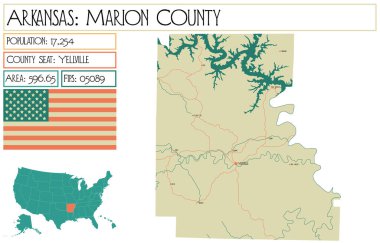 Arkansas, ABD'deki Marion ilçesinin büyük ve ayrıntılı haritası.