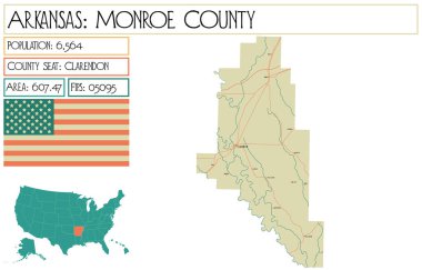 Arkansas, ABD 'de Monroe İlçesi büyük ve detaylı Haritası.