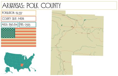 Arkansas, ABD'deki Polk ilçesinin büyük ve ayrıntılı haritası.