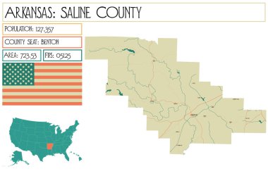 Arkansas, ABD'deki Saline ilçesinin büyük ve ayrıntılı haritası.