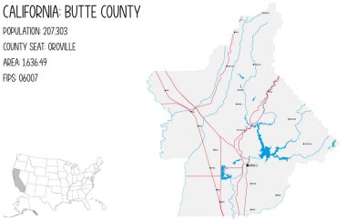 Kaliforniya, ABD'deki Butte ilçesinin büyük ve ayrıntılı haritası.