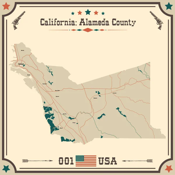 Large Accurate Map Alameda County California Usa Vintage Colors — Stock Vector