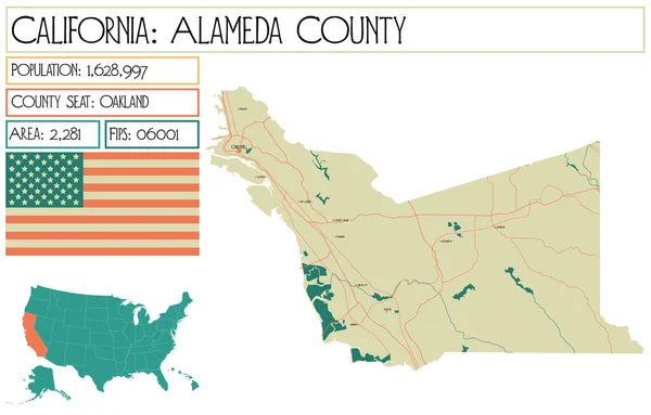Velká Podrobná Mapa Okresu Alameda Kalifornii Usa — Stockový vektor