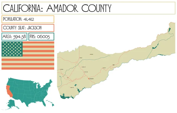Mapa Grande Detallado Del Condado Amador California Estados Unidos — Archivo Imágenes Vectoriales