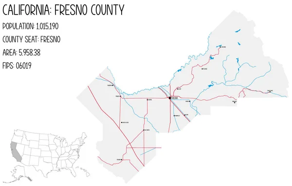 Mapa Grande Detalhado Fresno County California Estados Unidos América — Vetor de Stock
