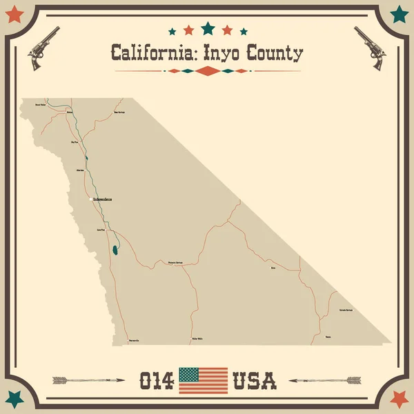 Large Accurate Map Inyo County California Usa Vintage Colors — Stock Vector