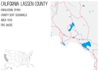 Kaliforniya' daki Lassen eyaletinin büyük ve ayrıntılı haritası, ABD.