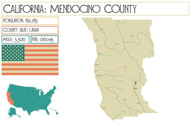 Kaliforniya, ABD'deki Mendocino ilçesinin büyük ve ayrıntılı haritası.