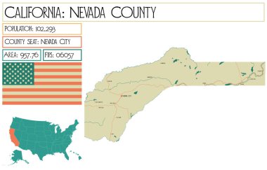 Kaliforniya, ABD'deki Nevada ilçesinin büyük ve ayrıntılı haritası.