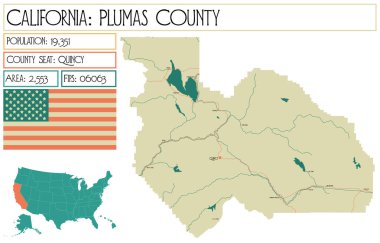Kaliforniya' daki Plumas ilçesinin büyük ve ayrıntılı haritası, ABD.