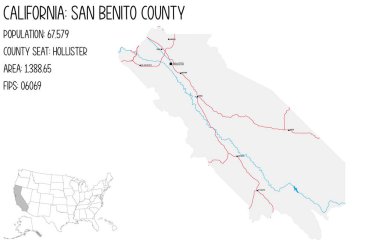 Kaliforniya'daki San Benito eyaletinin büyük ve ayrıntılı haritası, ABD.