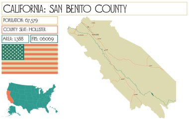 Kaliforniya'daki San Benito eyaletinin büyük ve ayrıntılı haritası, ABD.