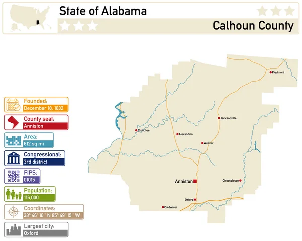 Infografía Detallada Mapa Condado Calhoun Alabama Estados Unidos — Vector de stock