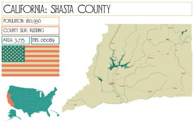 Kaliforniya 'daki Shasta County' nin geniş ve detaylı haritası..