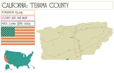 Kaliforniya 'daki Tehama County' nin geniş ve detaylı haritası..