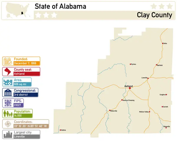 Infografía Detallada Mapa Condado Clay Alabama Estados Unidos — Vector de stock