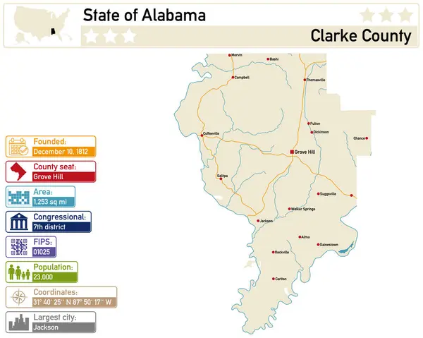 Infografía Detallada Mapa Condado Clarke Alabama Estados Unidos — Vector de stock