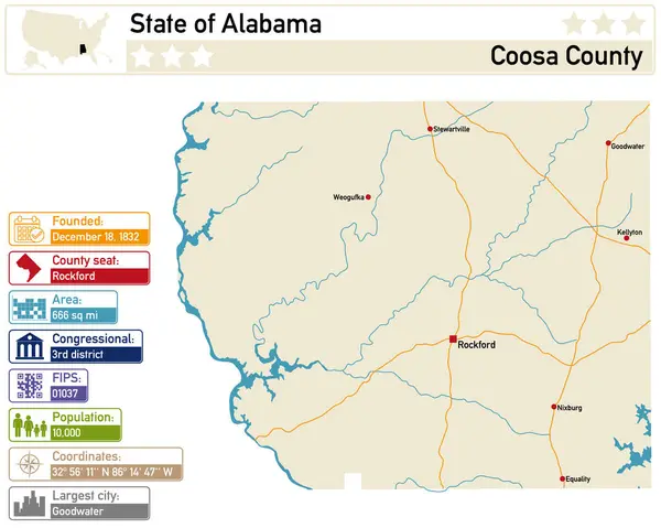 Infografía Detallada Mapa Condado Coosa Alabama Estados Unidos — Vector de stock