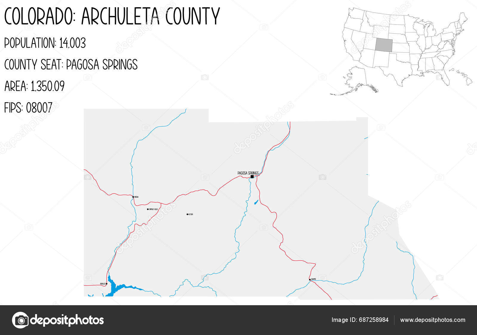 Large Detailed Map Archuleta County Colorado Usa Stock Vector by