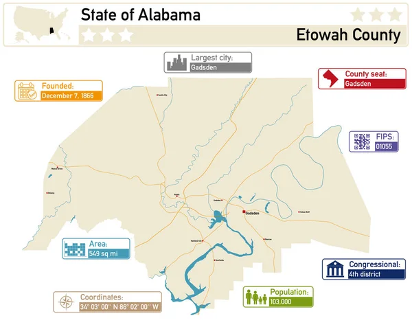 Infografía Detallada Mapa Condado Etowah Alabama Estados Unidos — Vector de stock