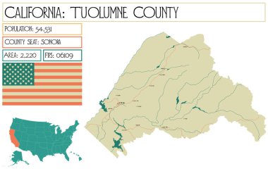 Kaliforniya 'daki Tuolumne County' nin geniş ve detaylı haritası..