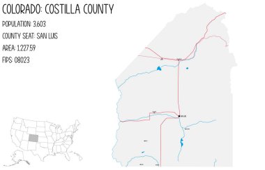 Colorado, Usa 'daki Costilla ilçesinin geniş ve ayrıntılı haritası..