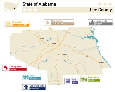 Alabama 'daki Lee County' nin detaylı bilgi ve haritası.