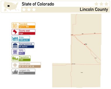 Detailed infographic and map of Lincoln County in Colorado USA. clipart