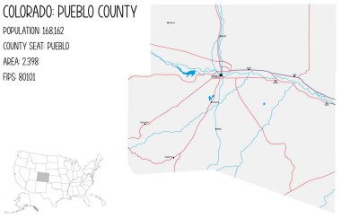 Large and detailed map of Pueblo County in Colorado, USA. clipart